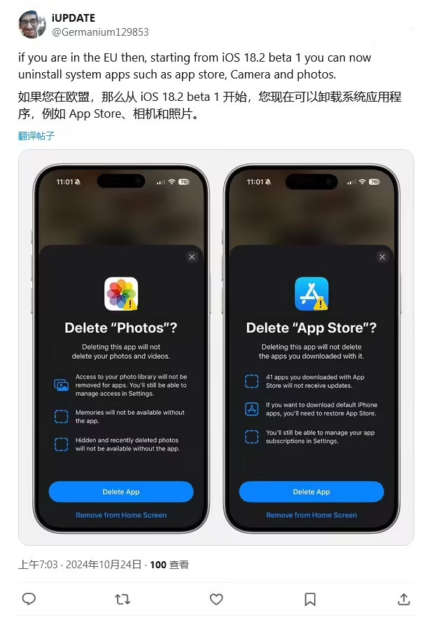 共青城苹果手机维修分享iOS 18.2 支持删除 App Store 应用商店 